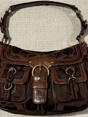 Coach Brown Signature Canvas and Leather Shoulder Bag with Gold Hardware